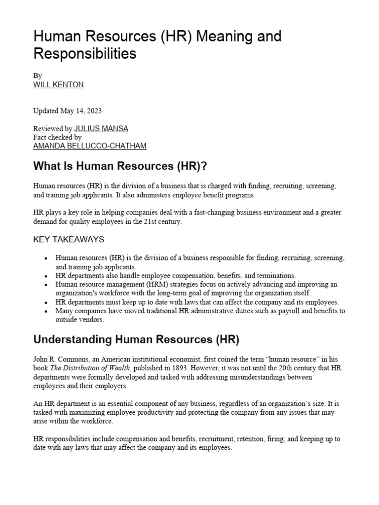 Understanding Human Resources Roles | PDF | Career & Growth | Business