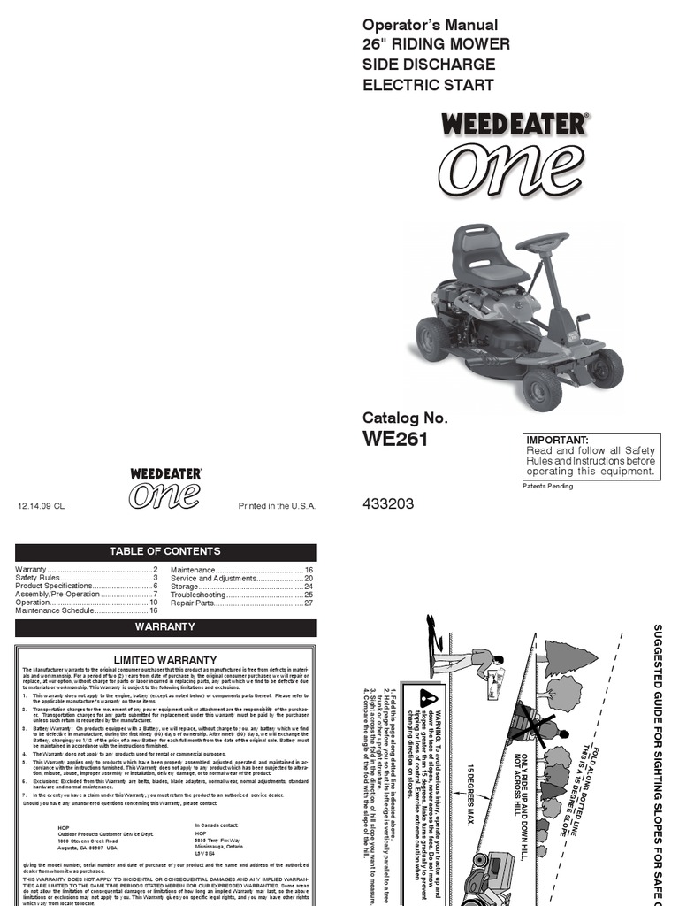 Weed Eater One Riding Mower Manual | PDF | Clutch | Lawn Mower
