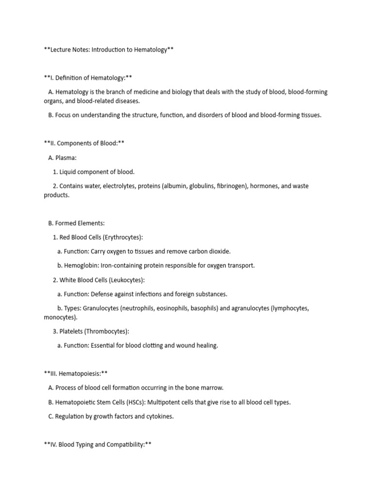 Introduction to Hematology Notes | PDF | Blood Cell | Blood