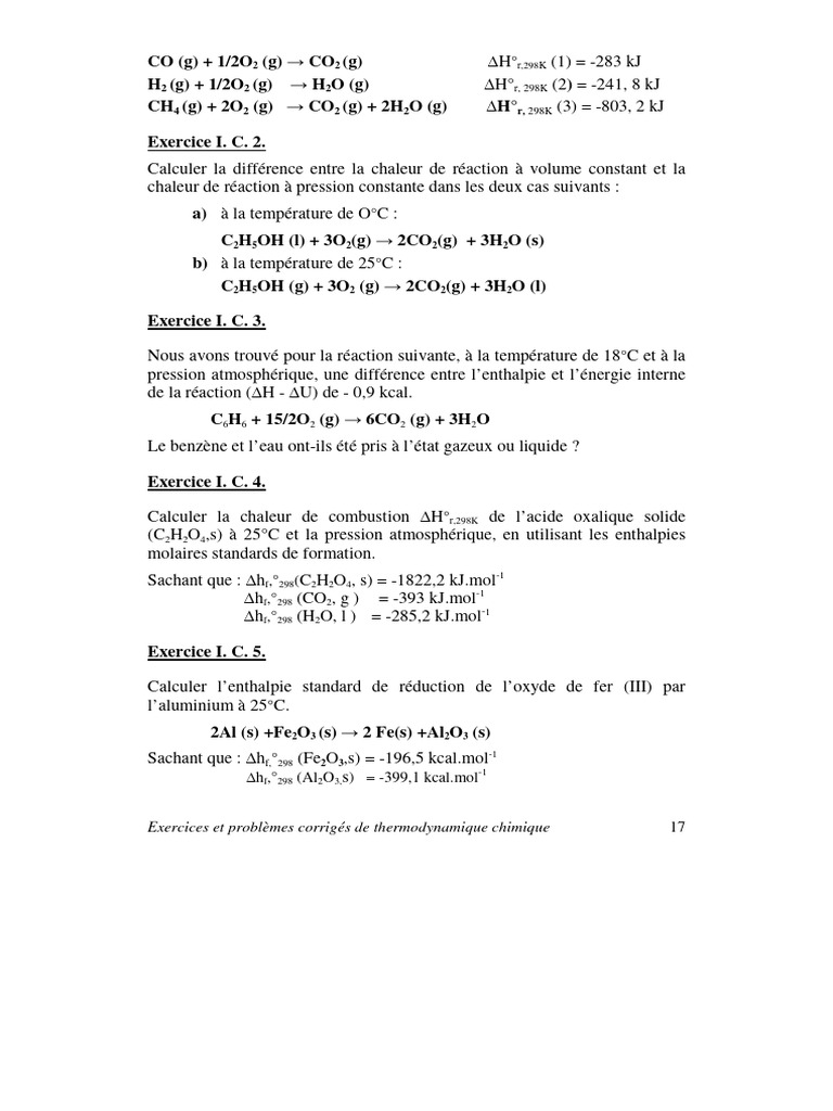 Exercices de thermodynamique chimique | PDF | Enthalpie | Thermodynamique