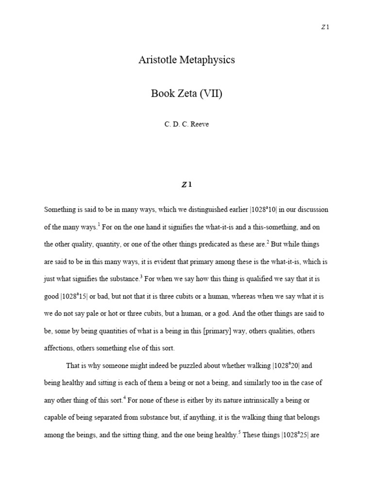 Metaphysics Zeta PDF Substance Theory Matter