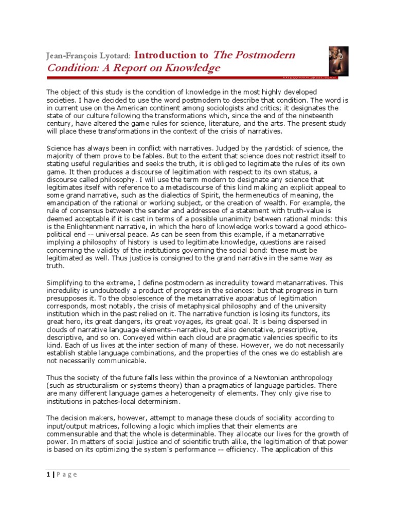 Pages of Lyotard's Postmodern Condition PDF highlighting incredulity toward metanarratives