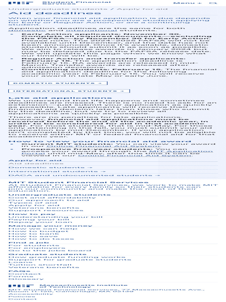 Aid Deadlines MIT Student Financial Services PDF Student Financial