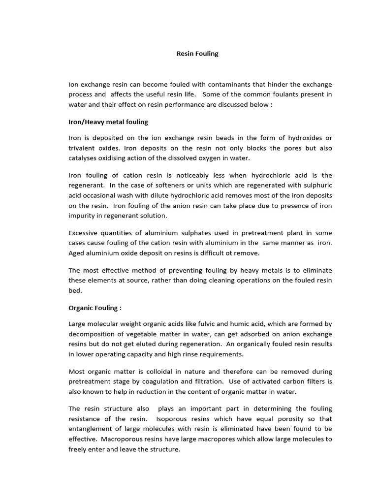 Fouling Treatment For Resins PDF Ion Exchange Iron