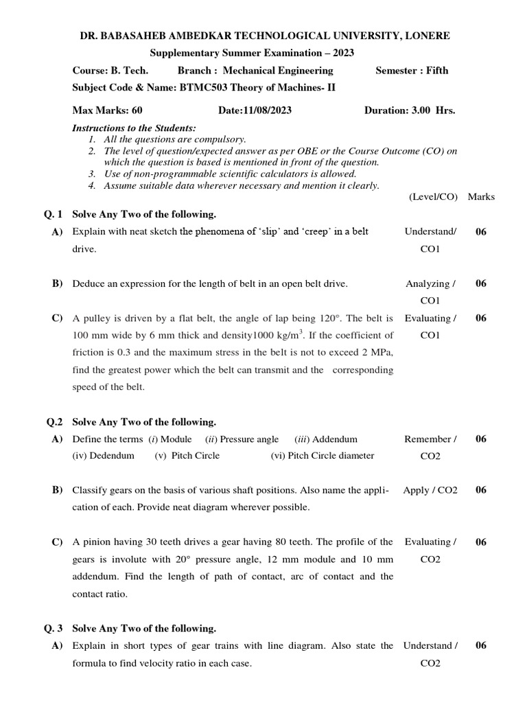 BME503 Mechanical Engineering Exam Paper | PDF | Belt (Mechanical) | Gear
