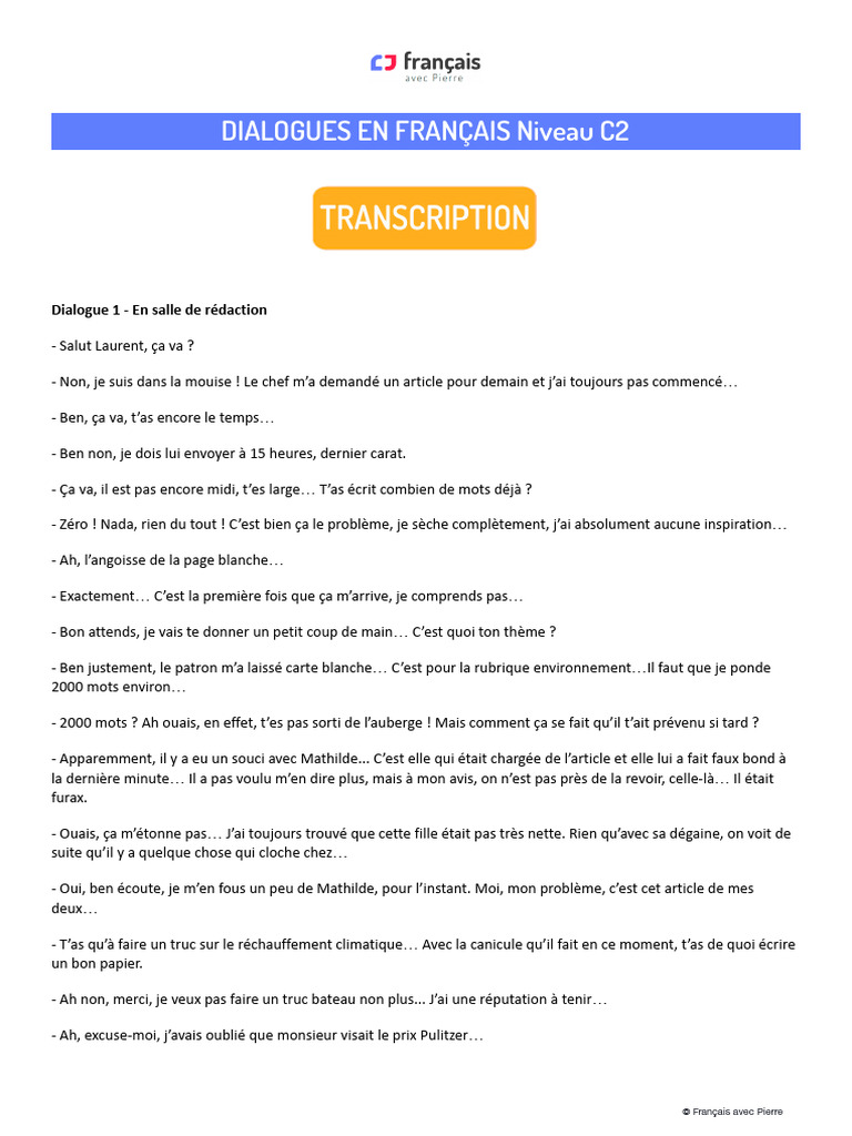 2022 DIALOGUESENFRANCAISNiveau C2 Transcription | PDF
