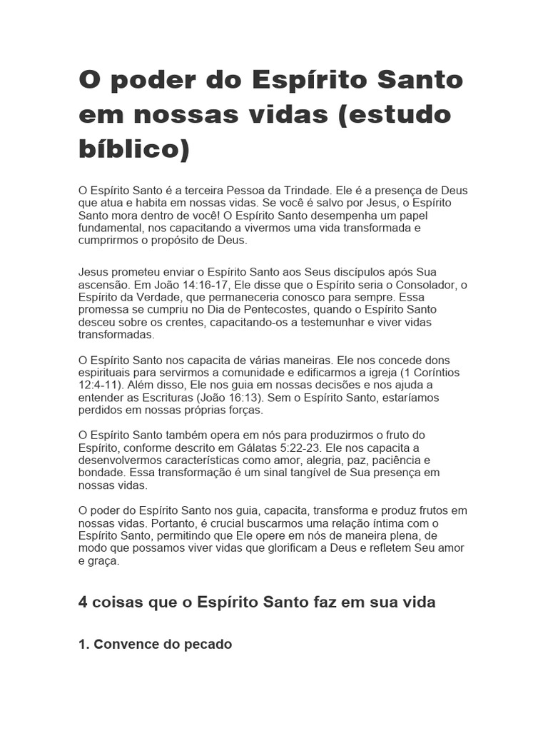 O Poder Do Espírito Santo em Nossas Vidas | PDF | Espírito Santo ...