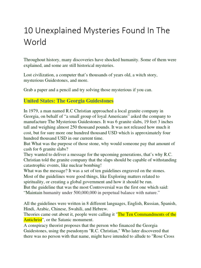 10 Unexplained Mysteries Found In The World Pdf