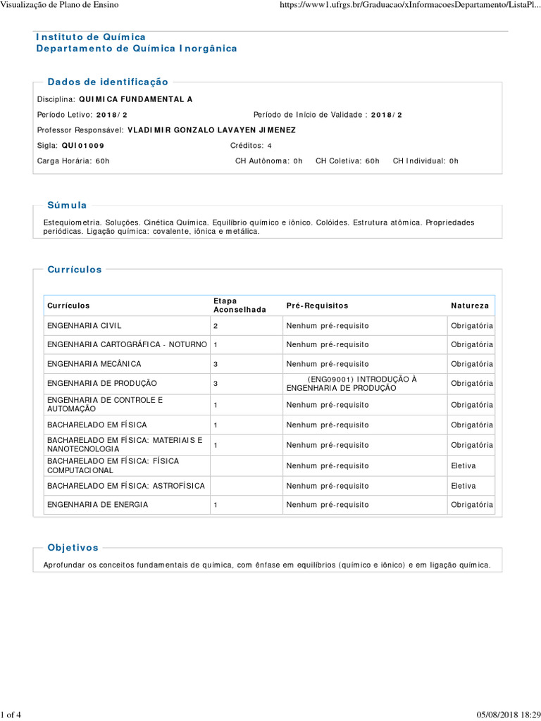 Plano de Ensino QUI01 009 II 2018 06 08 2016 | PDF | Reações químicas ...