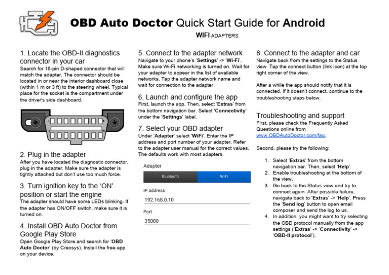 OBD Auto Doctor Quick Start Guide Android WiFi | PDF