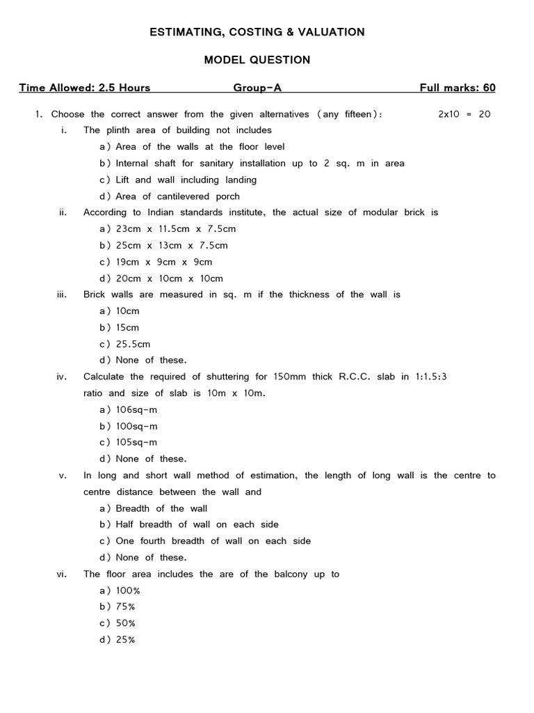 Estimate model question pdf
