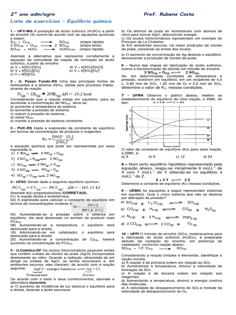 Exercícios de Equilíbrio Químico | PDF | Equilíbrio químico | Ácido ...