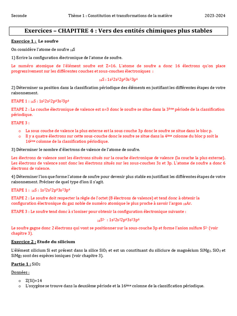 Exercices sur la chimie des atomes et ions | PDF | Liaison chimique | Ion