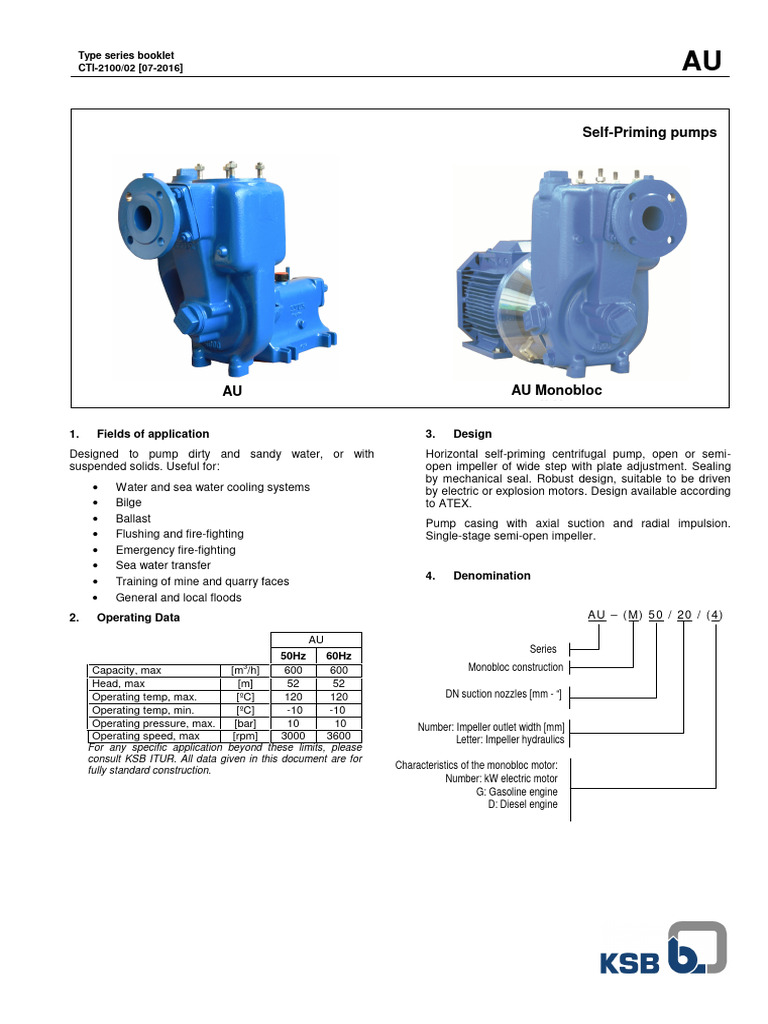 KSB AU Series Self-Priming Pumps Guide | PDF | Bearing (Mechanical) | Pump
