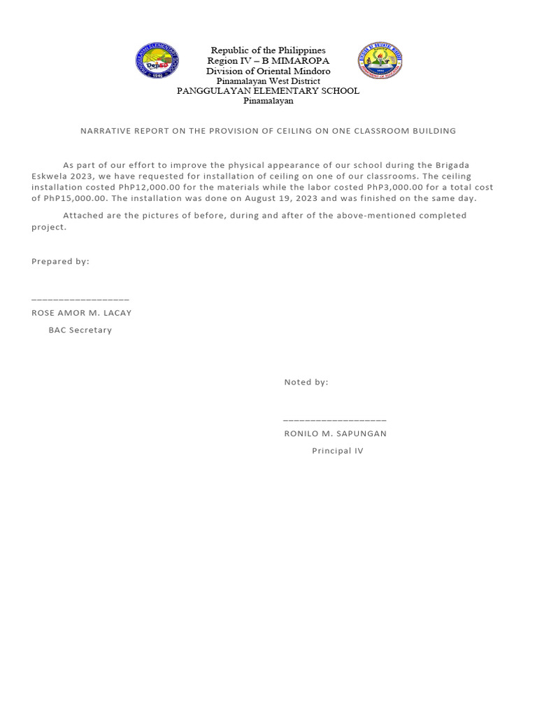 Narrative Report On Ceiling Installation Pdf