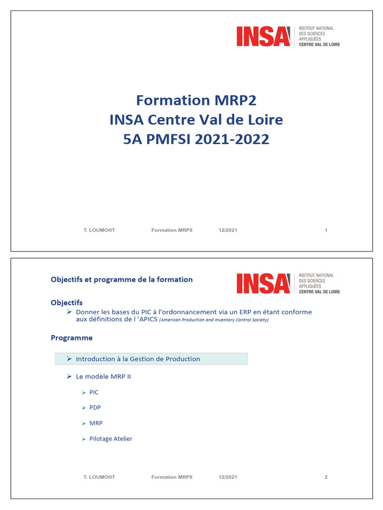 INSA - Module MRP II - Impr - 2pp | PDF | Planification | Gestion de la ...