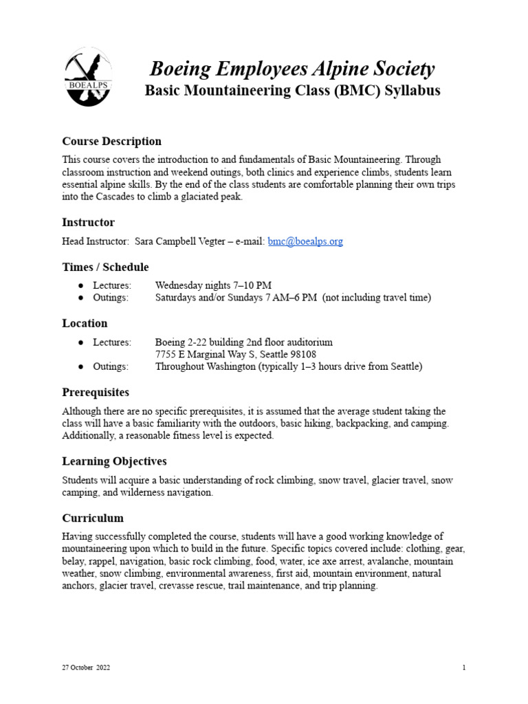 Basic Mountaineering Class Syllabus | PDF | Mountaineering | Lecture