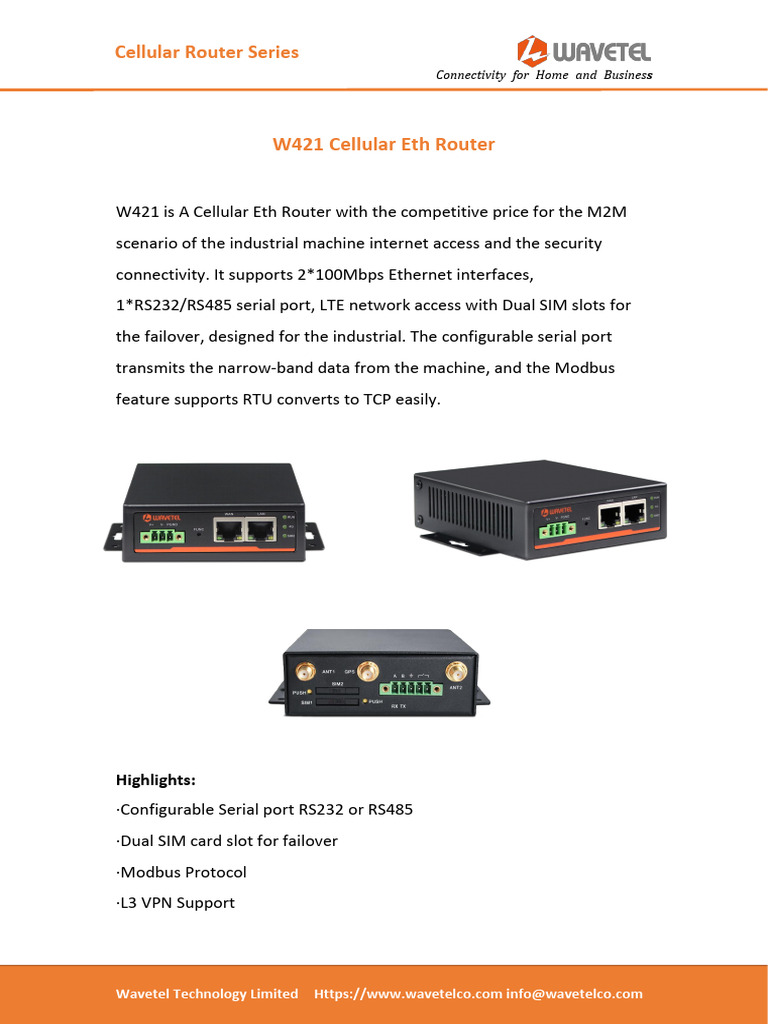 W421 Cellular Eth Router Datasheet-2 | PDF | Router (Computing ...