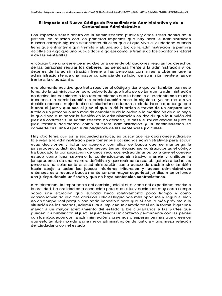 El Impacto Del CPACA-RESUMEN VIDEO | PDF | Caso de ley | Juez