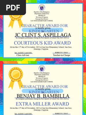 CHARACTER TRAITS AWARD - Kinder