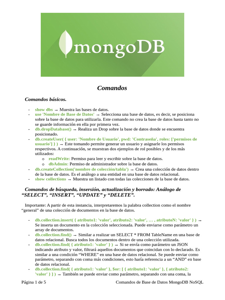 Comandos Básicos de MongoDB | PDF | Mongo Db | Bases de datos