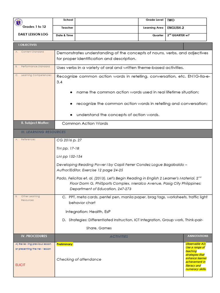 Cot English Grade 2 QTR 2 Action Words PDF Teachers Learning