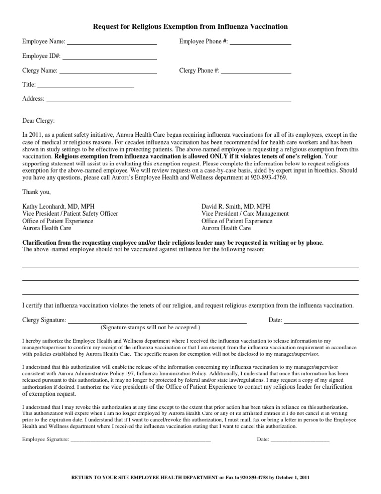 2011 Religious Exemption Request Form 081211 | PDF | Vaccination ...