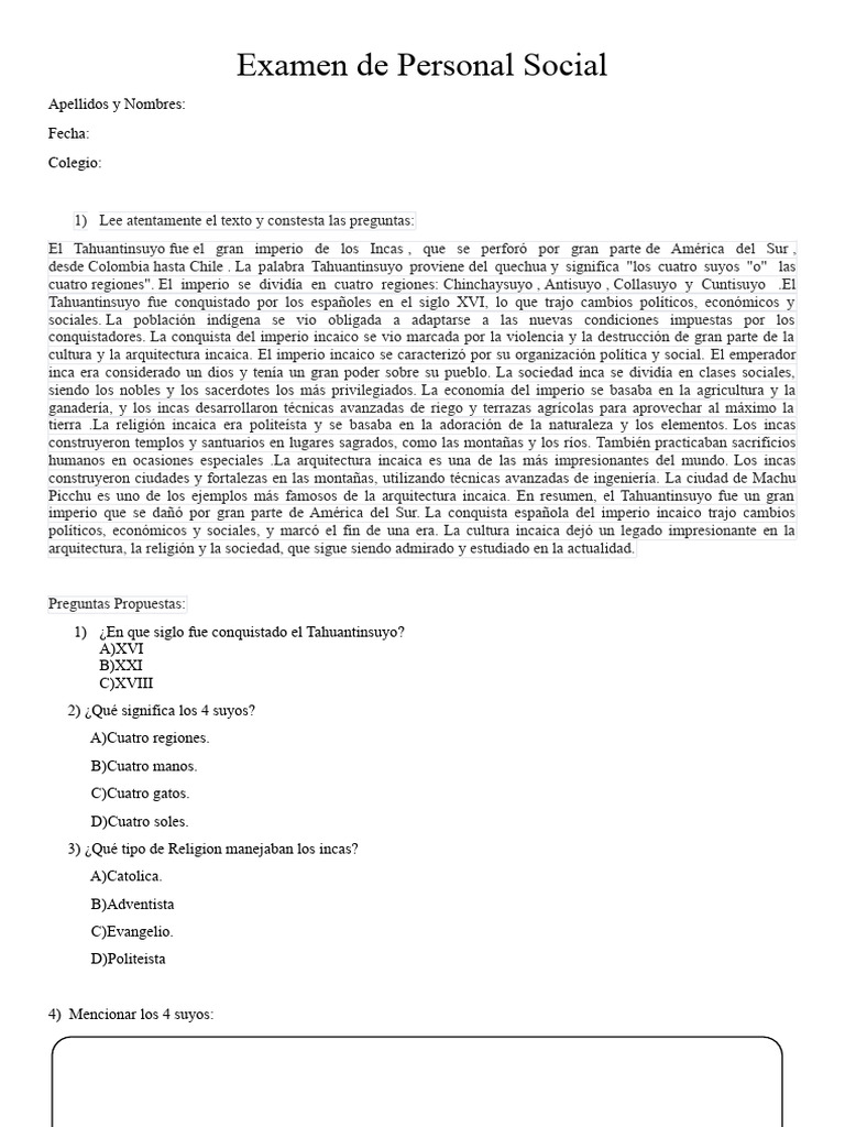 Examen de Personal Social | PDF
