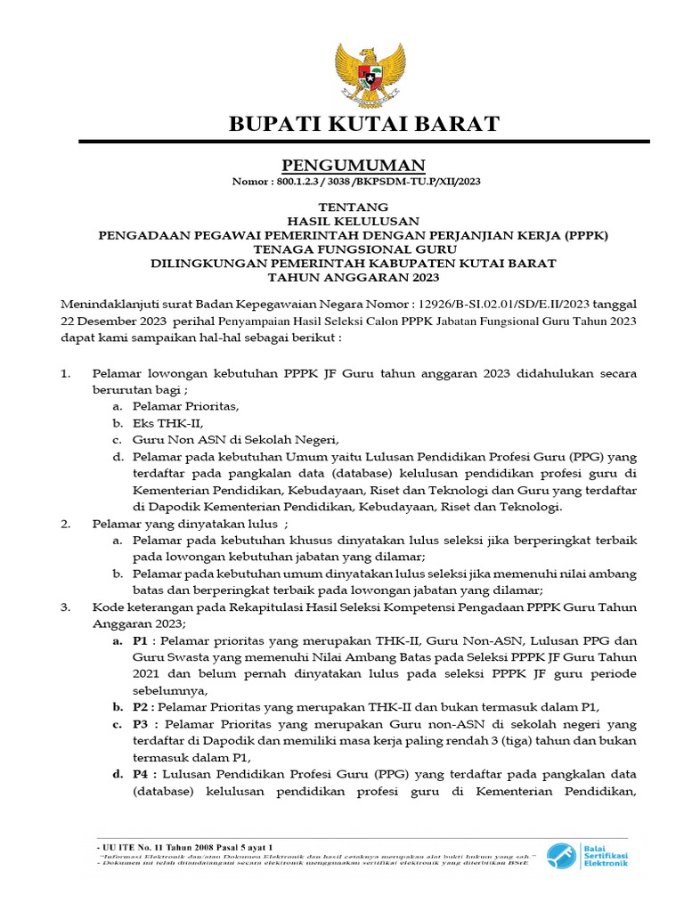 Pengumuman kelulusan pppk guru tahun 2023 pdf