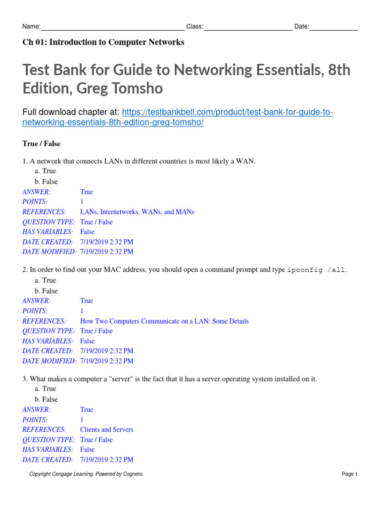Test Bank For Guide To Networking Essentials 8th Edition Greg Tomsho PDF