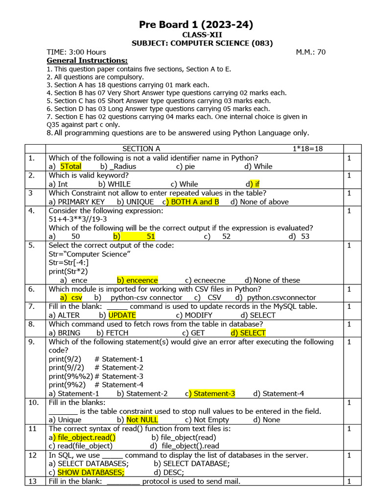 XII MS Computer Science PB-1 (2023-24) | PDF | Computer Network ...