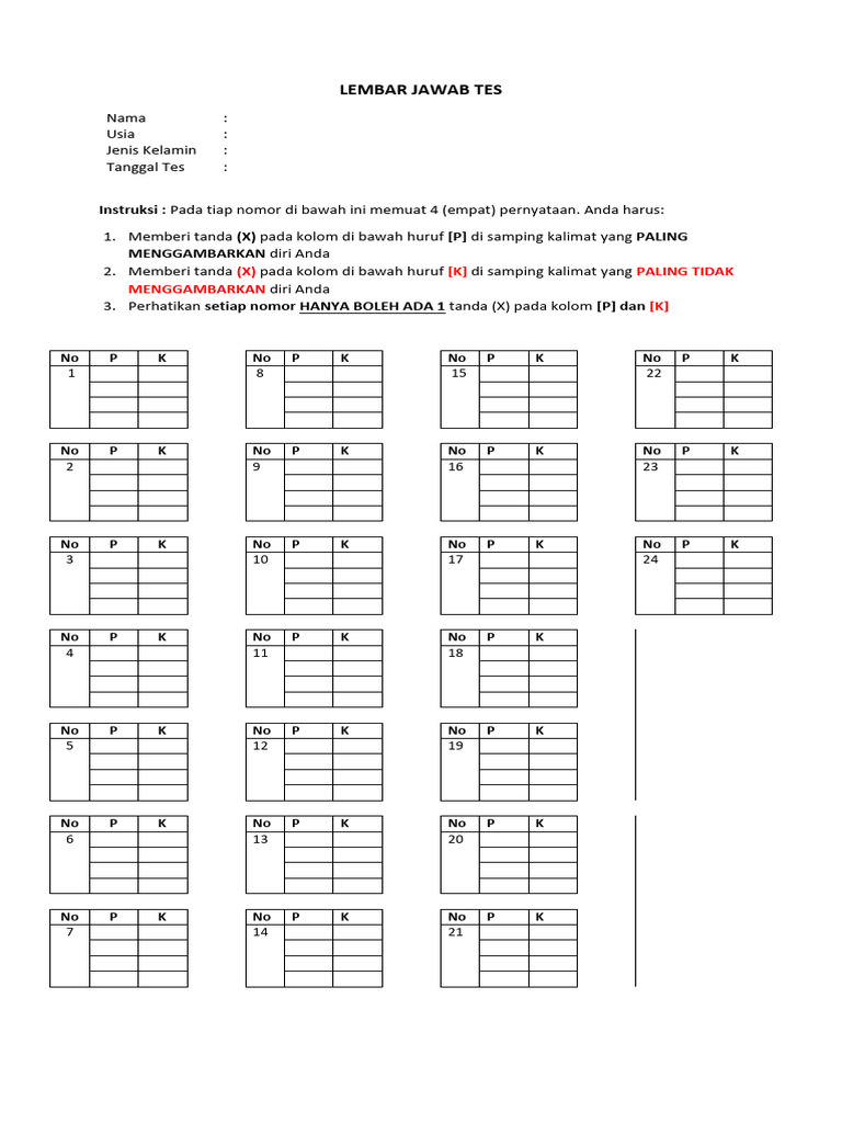 Lembar Jawab Tes 2 | PDF