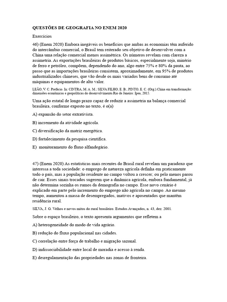 Questões de Geografia ENEM 2020 | PDF | Agricultura | Brasil
