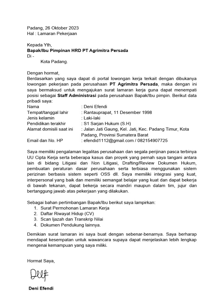 Surat Lamaran Kerja PT Agrimitra Persada | PDF