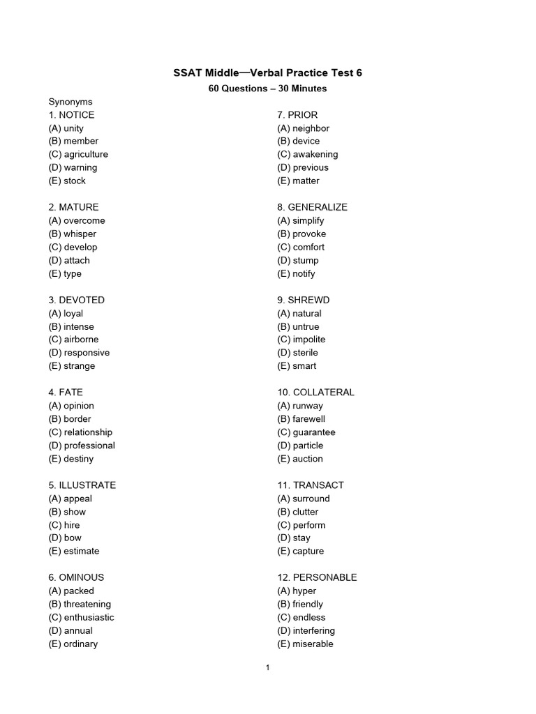 Ssat middle verbal practice test 6 pdf