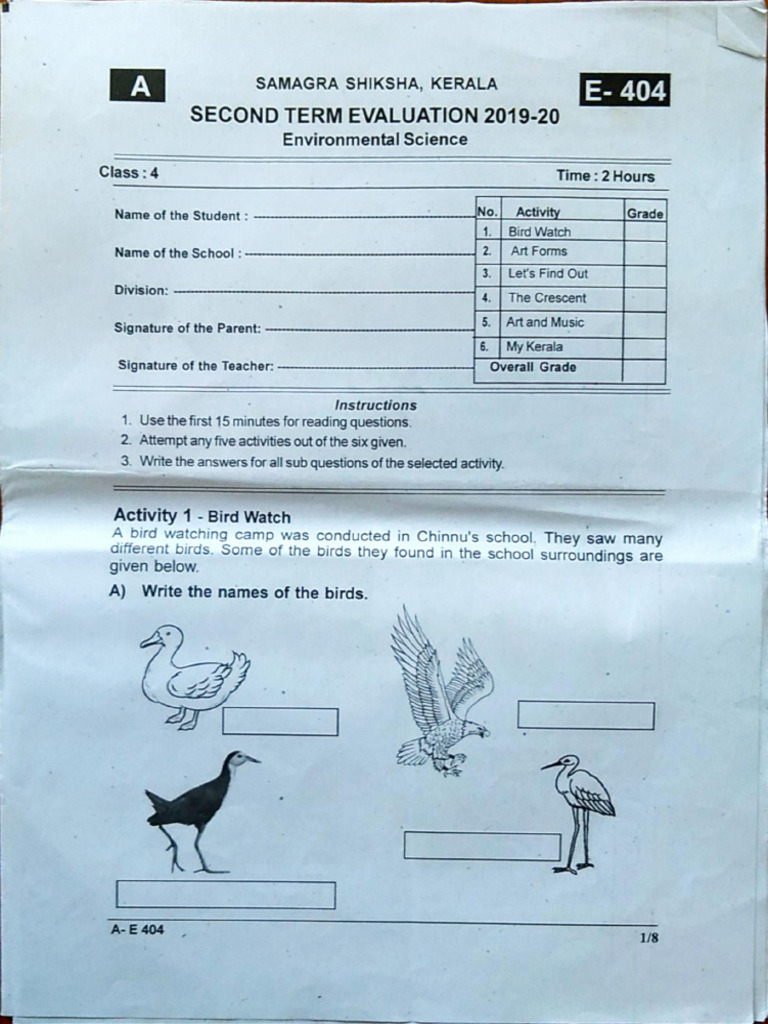 ENVIRONMENTAL SCIENCE (EM) Question Paper Kerala Class 4 Second Term ...