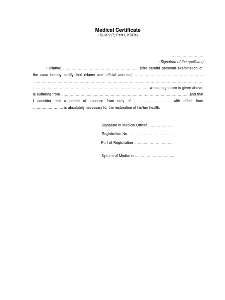 Medical Fitness Certificate (Rule 117) | PDF