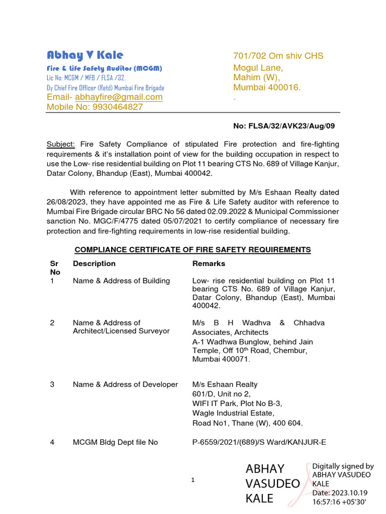 Bhandup Fire Safety Compliance Certificate | PDF | Elevator | Fire Safety