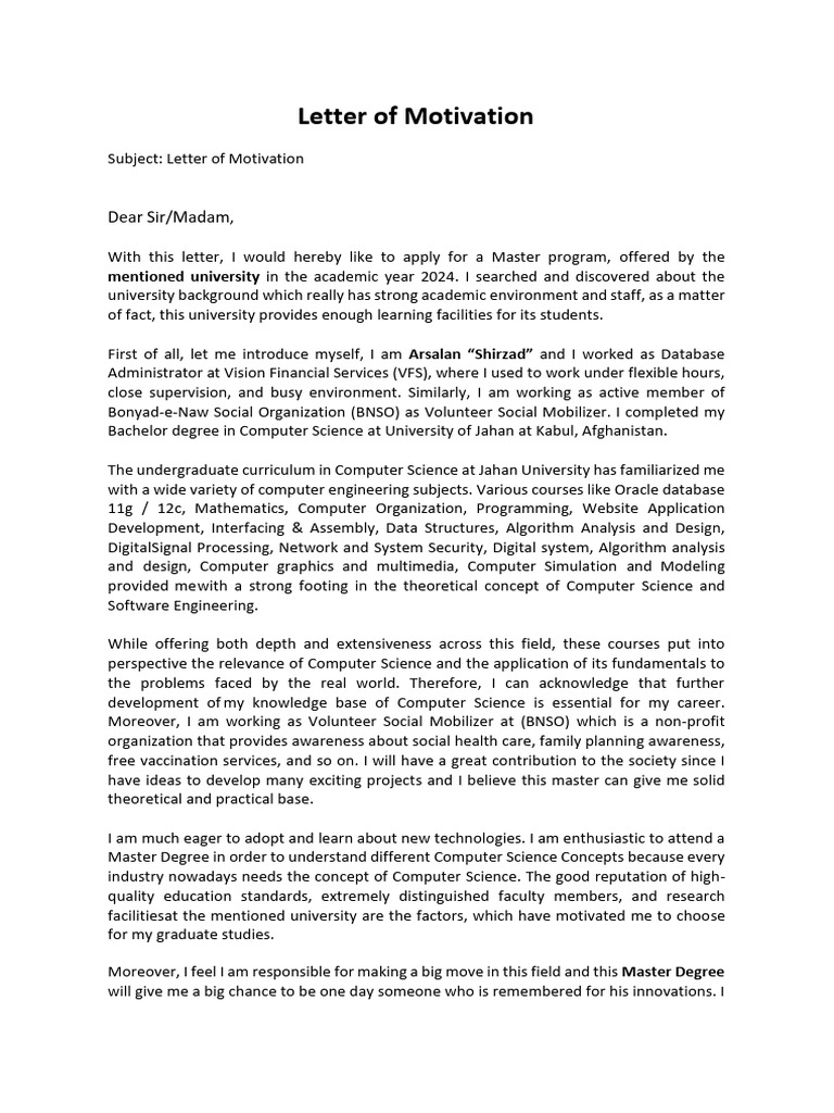 My Motivation Letter | PDF