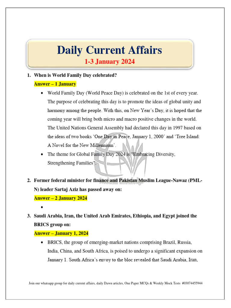 Daily Current Affairs 1 3 January 2024 Pdf
