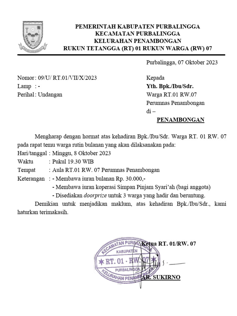 Surat Undangan Rutin Oktober 2023 | PDF