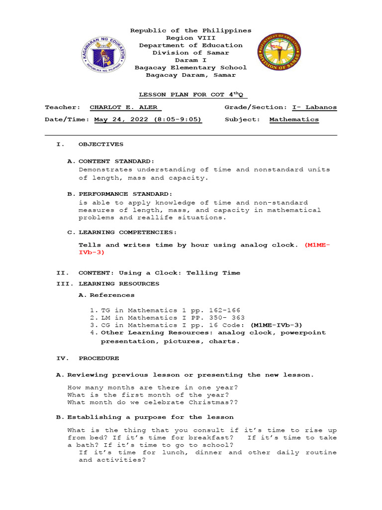 COT Lesson Plan Math Tells and Writes Time by Hour Using Analog Clock | PDF