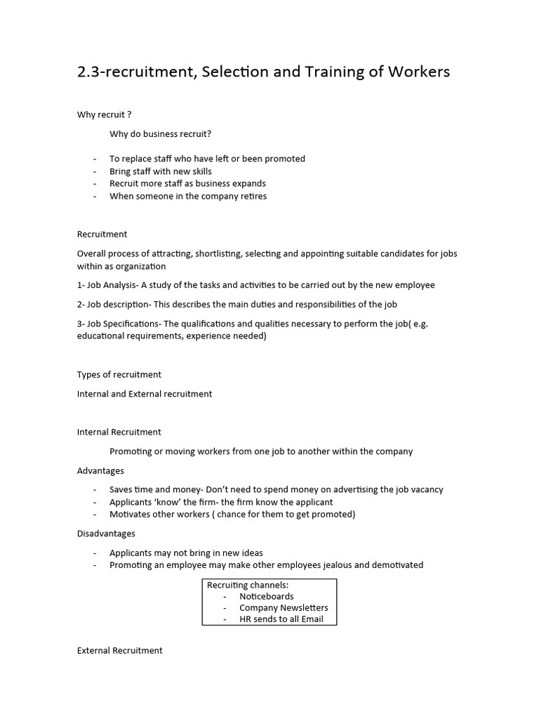 2.3-Recruitment, Selection and Training of Workers Notes | PDF