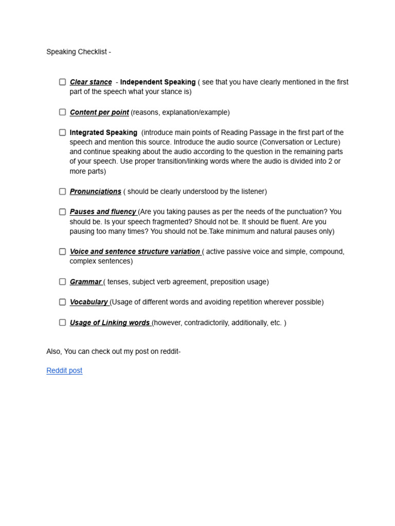TOEFL Speaking Checklist Guide | PDF | Language Arts &amp; Discipline
