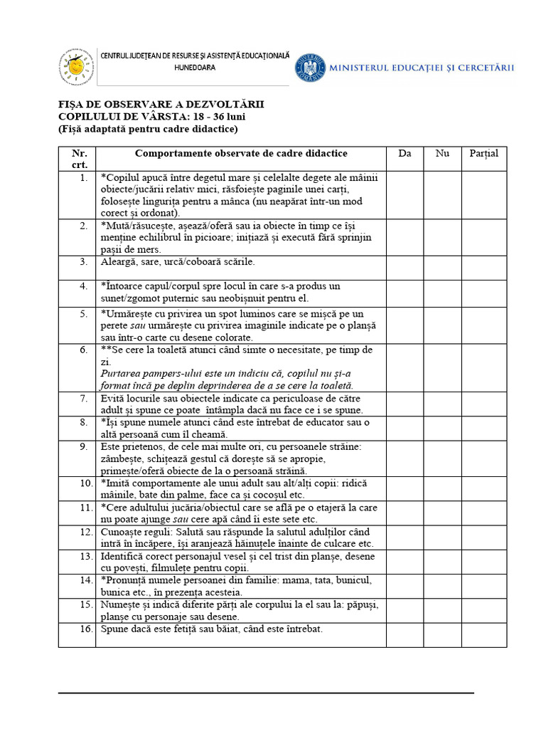 Fisa de Observare Anteprescolari Adaptata Pentru Cadre Didactice | PDF