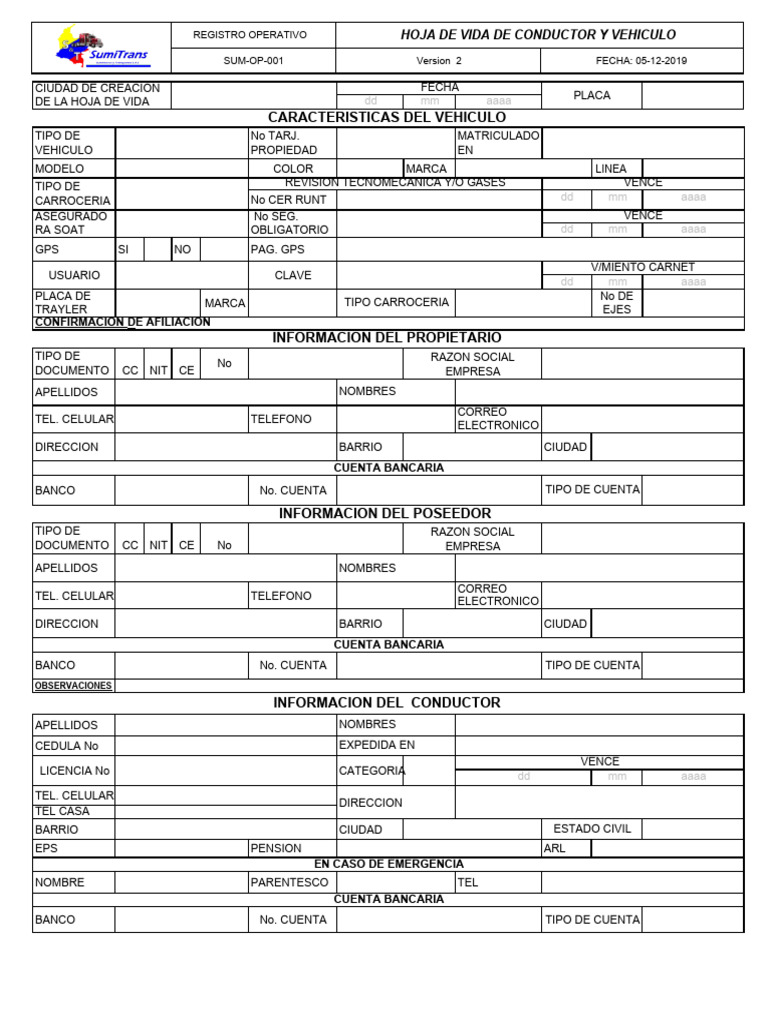 Formato Hoja de Vida Conductor PDF