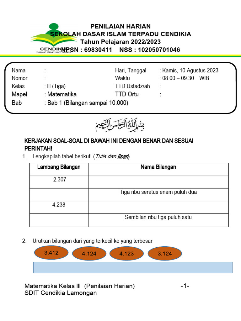 SOAL PH 1 ..... Matematika Kelas 3 - BAB 1 | PDF