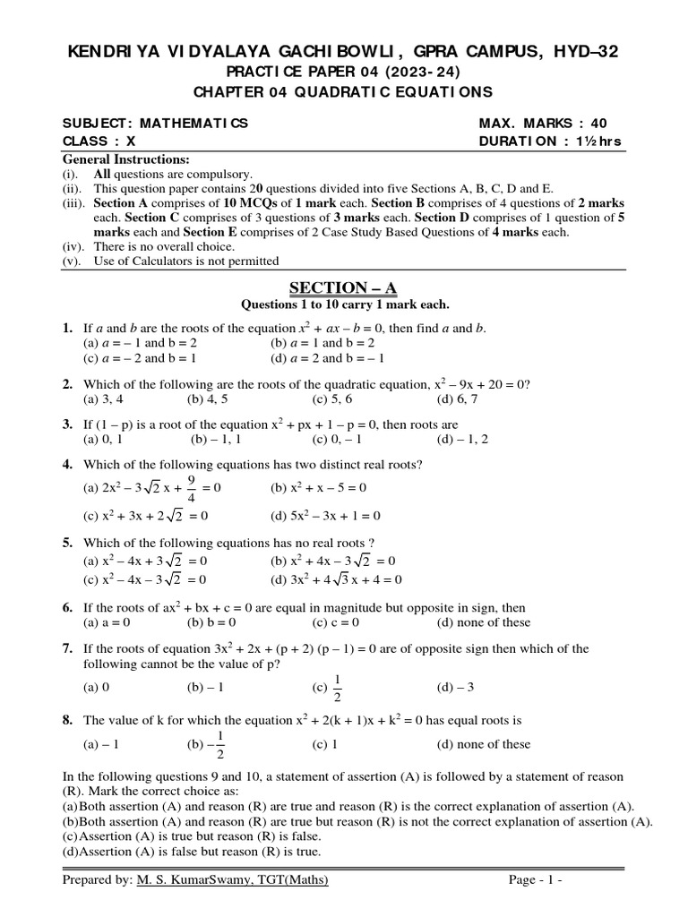 Maths Class X Chapter 04 Quadratic Equations Practice Paper 04 | PDF
