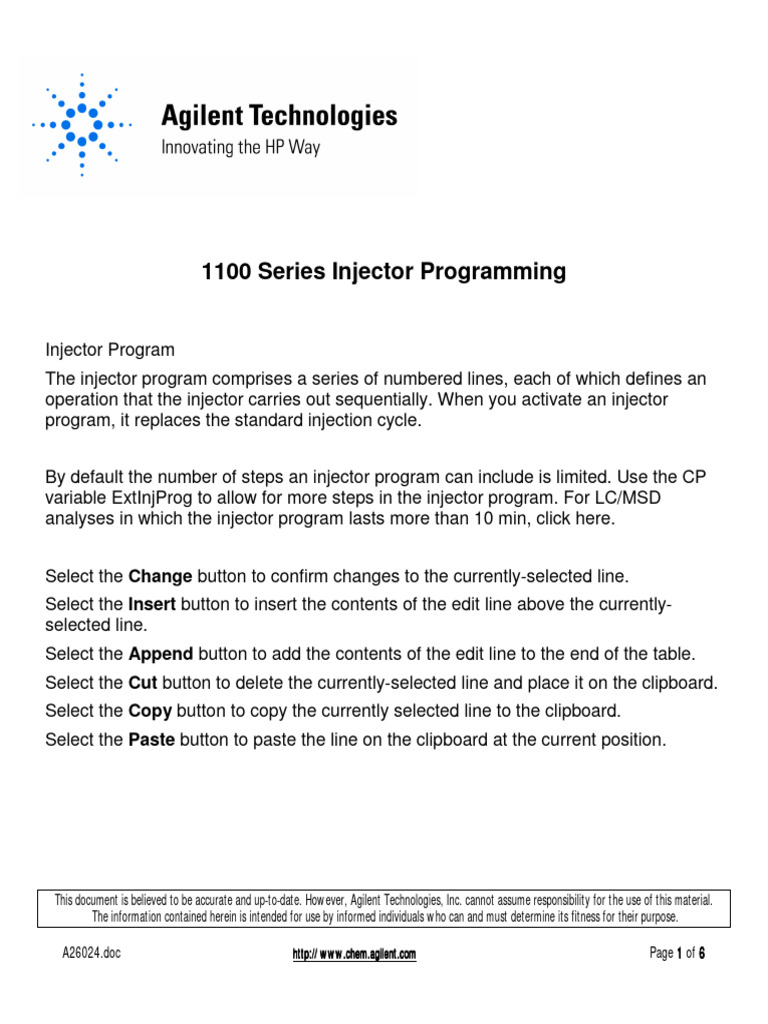 Agilent 1100 Injector PDF Parameter Programming) Syringe