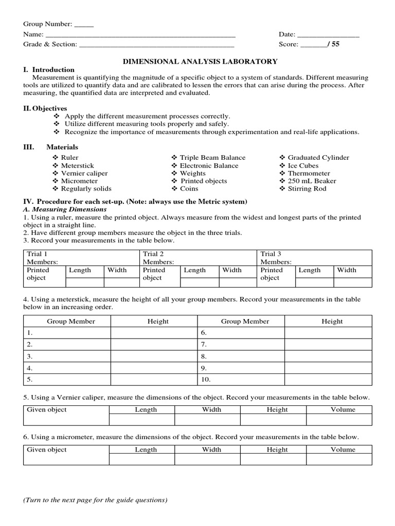Dimensional+Analysis Laboratory+Worksheet | PDF